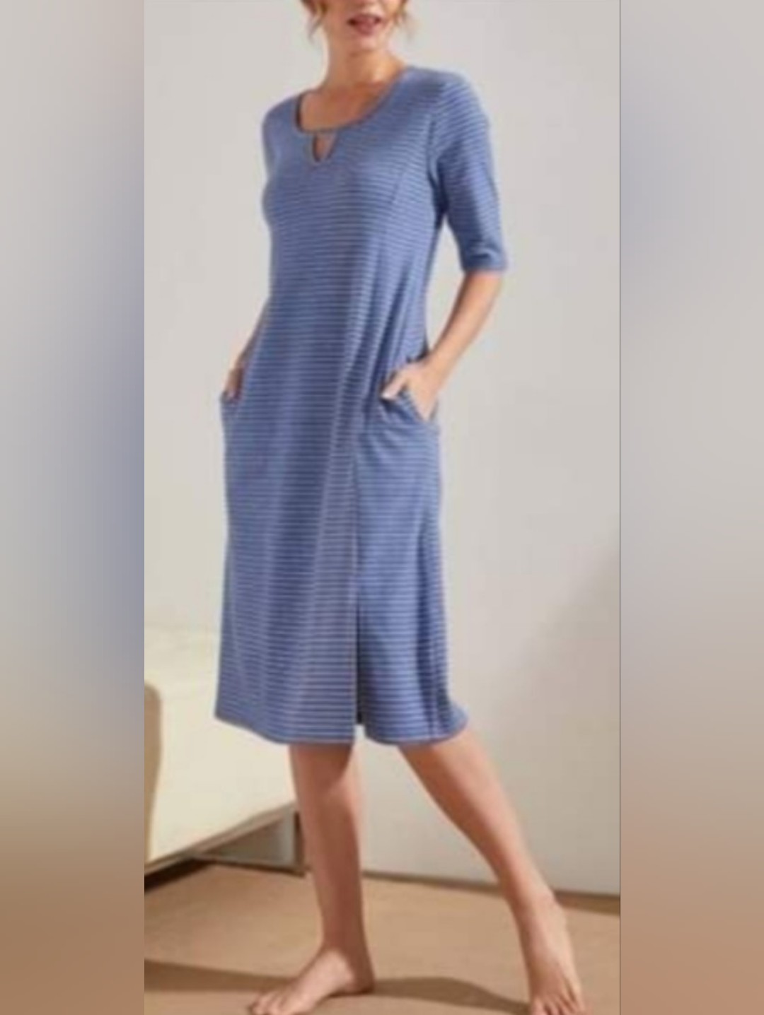 Suzanne Betro Nwt Blue Ivory Stripe Midi Dress Pockets Soft Knit L